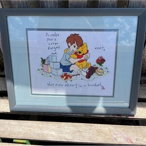 Disney Winnie The Pooh Cross Stitch Framed Blue Vintage 15”x12” Home Decor